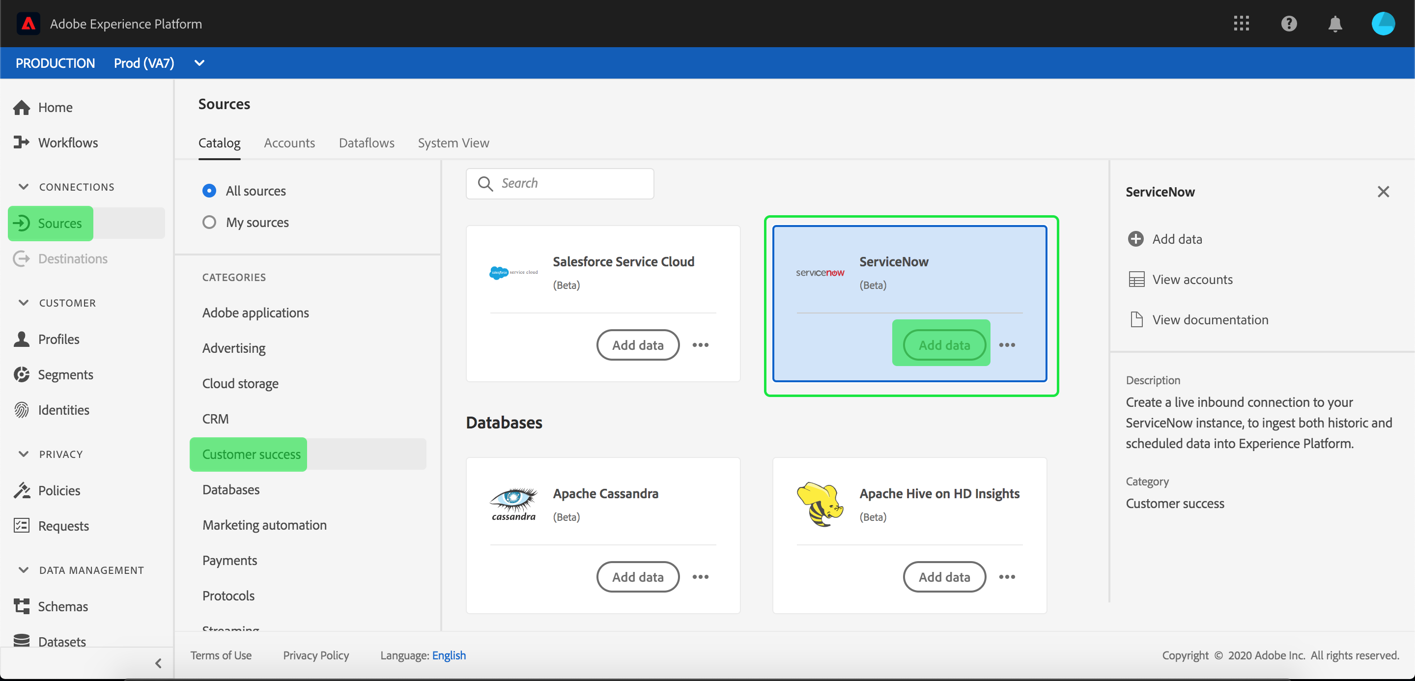 Create A ServiceNow Source Connection In The UI | Adobe Experience Platform