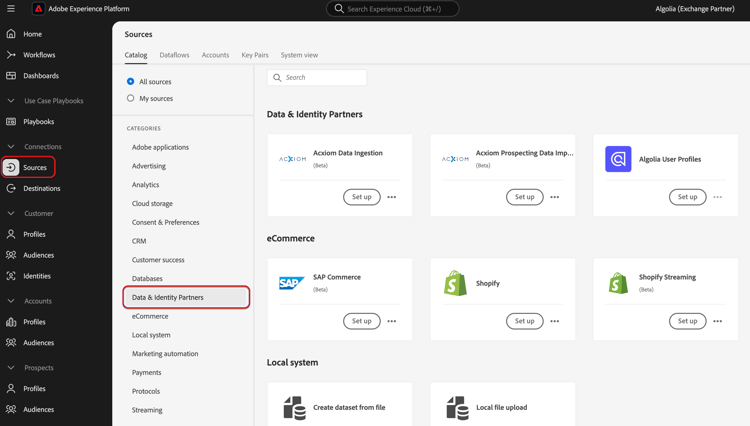 The sources catalog with the Algolia User Profiles source selected.