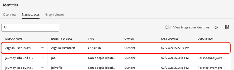 Successful creation of the Algolia Identity namespace.