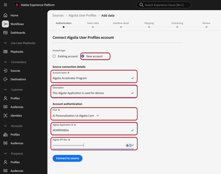 The new account interface.