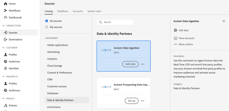 The sources catalog with the Acxiom source selected.