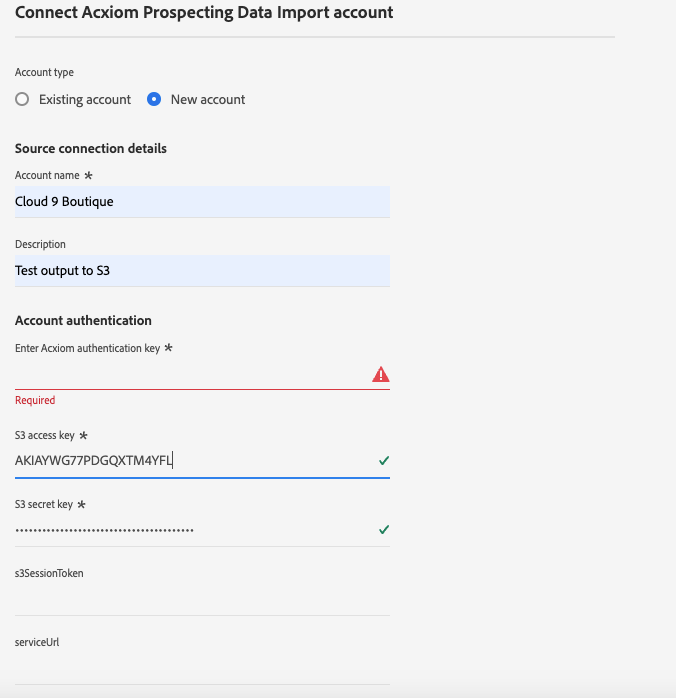 The new account interface of the sources workflow.