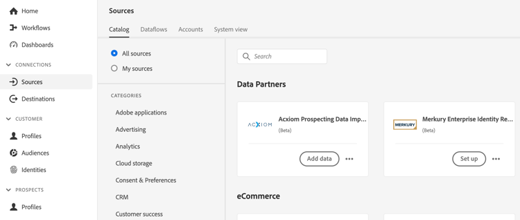 The sources catalog with the Acxiom source selected.