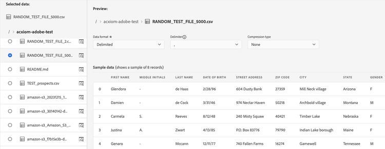 The select data and file preview interface of the sources workflow.