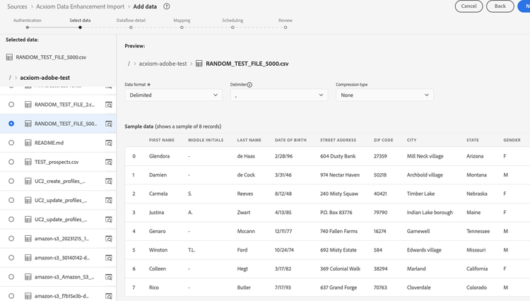 The select data and file preview interface of the sources workflow.