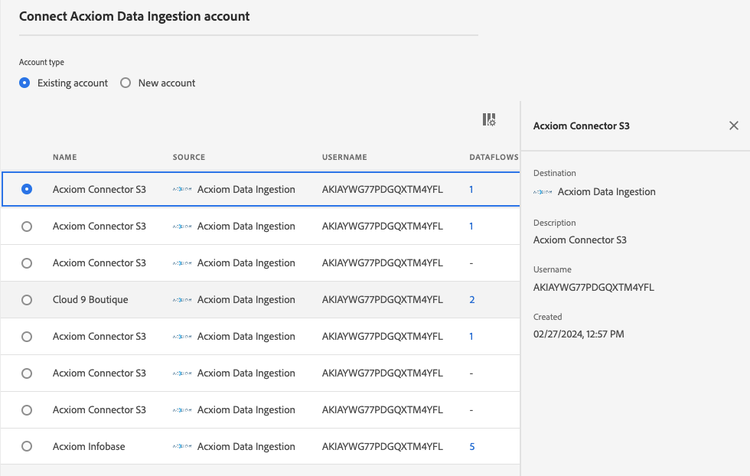 The existing account interface of the sources workflow.