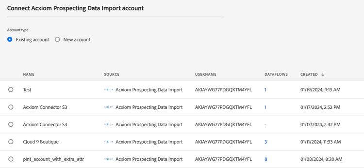 The existing account interface of the sources workflow.