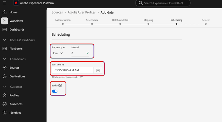 The scheduling step of the sources workflow.
