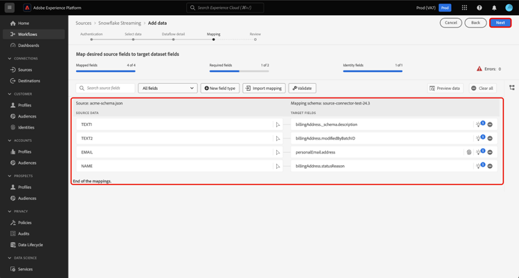 The mapping interface of the sources workflow.