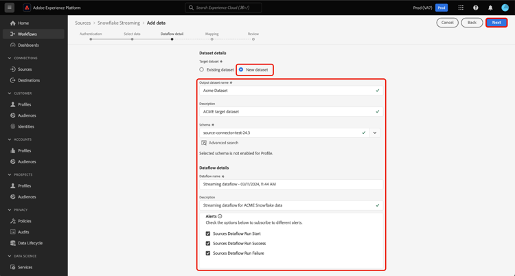 The dataflow details configuration step.