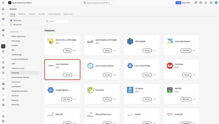 The sources catalog with the Azure Databricks source card selected.