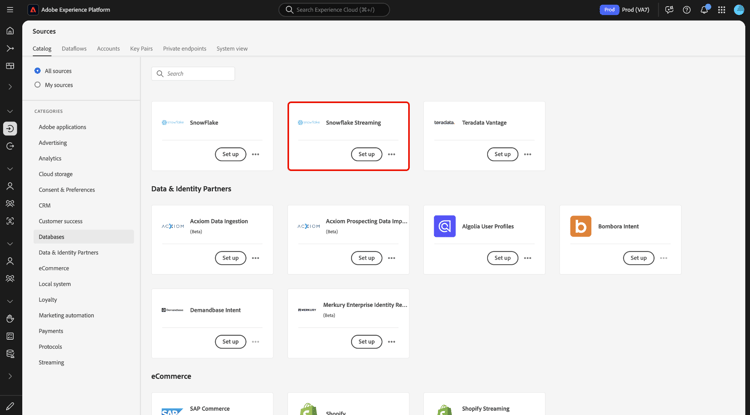 The sources catalog in the Experience Platform UI, with the Snowflake Streaming source card selected.