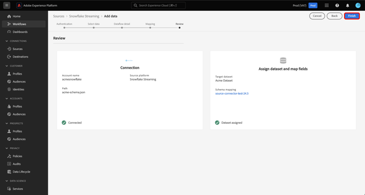 The Review step of the sources workflow.