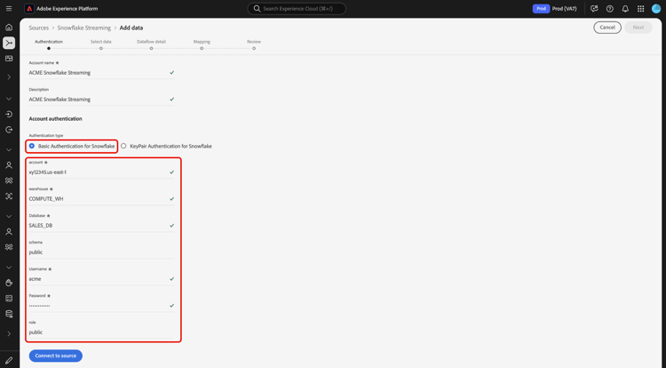The new account interface in the sources workflow, with basic authentication selected.