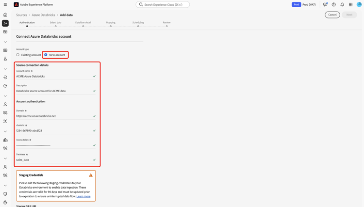 The new account interface in the sources workflow with an account name and optional description provided.