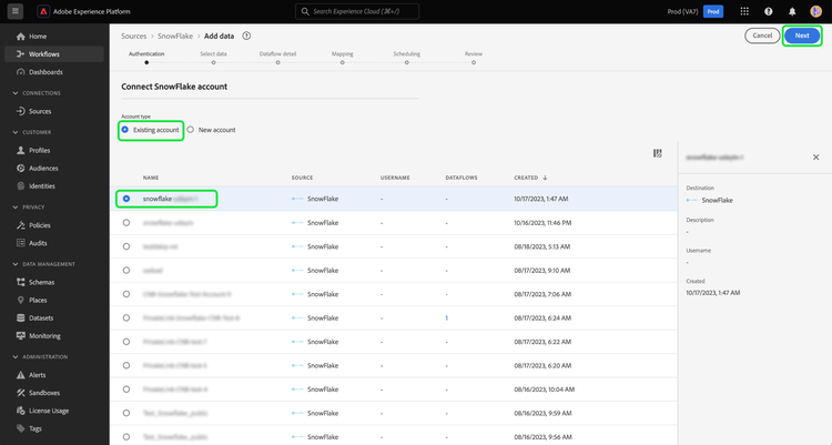 The existing account interface in the sources workflow.