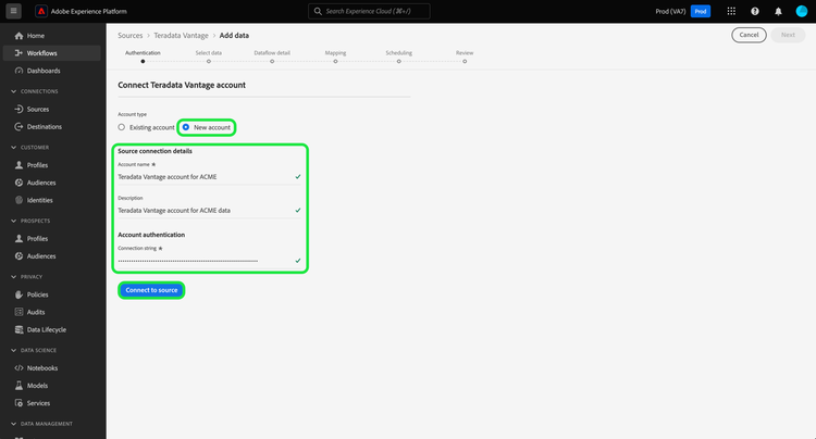 The new account creation interface in the sources workspace.