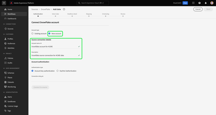 The new account interface in the sources workflow.