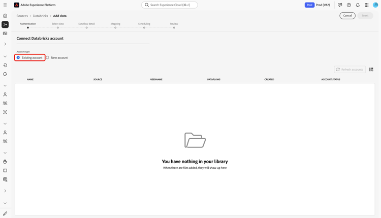 The existing accounts interface in the sources workflow with "Existing account" selected.