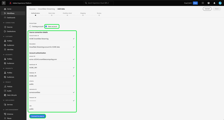 The new account creation interface of the sources workflow.