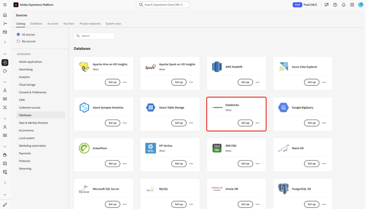 The sources catalog with the Azure Databricks source card selected.