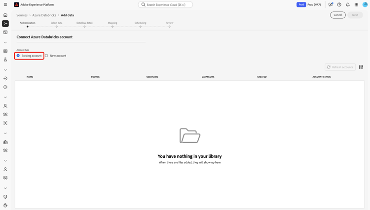 The existing accounts interface in the sources workflow with "Existing account" selected.