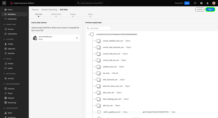 The preview step of the sources workflow.