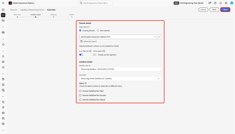 The dataflow details interface