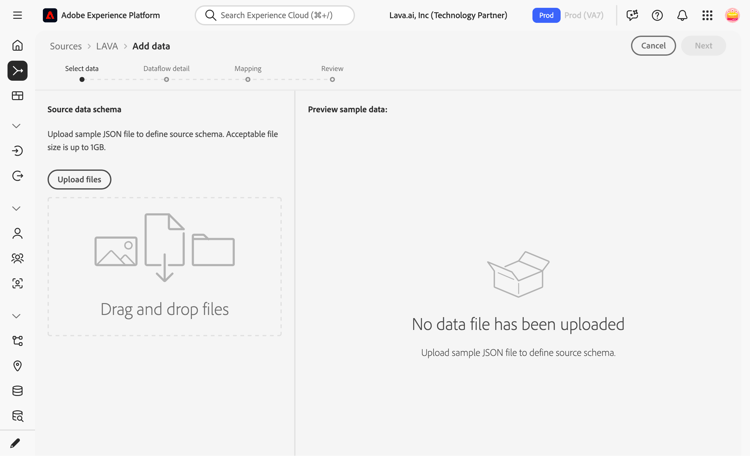 The add data step of the sources workflow.