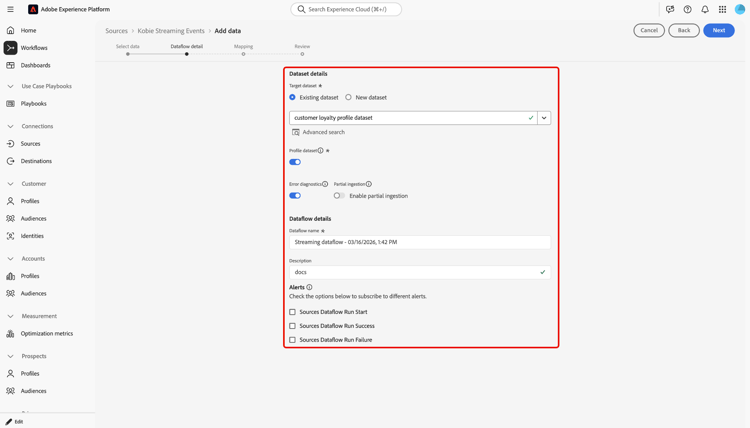 The dataflow details interface