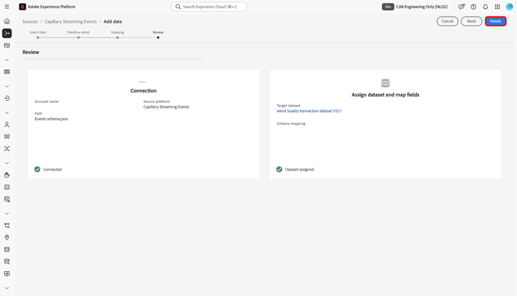The review step in the sources workflow.