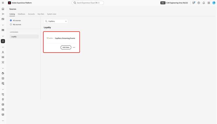 The sources catalog in the UI with the Capillary Streaming Events card selected.