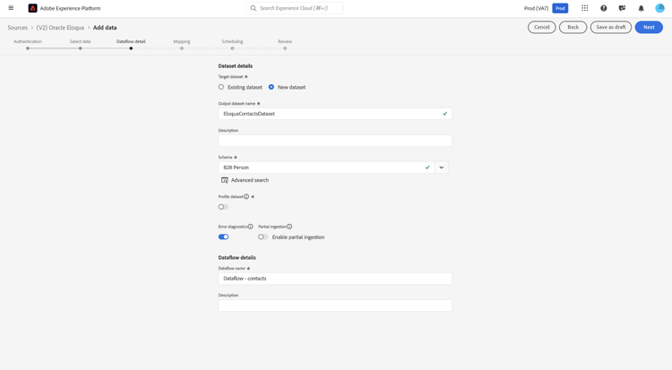 The dataset and dataflow details interface with options to configure dataset properties.