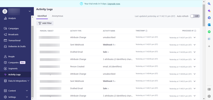 Customer.io UI screenshot showing activity logs