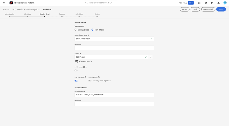 The dataset and dataflow details step of the sources workflow.