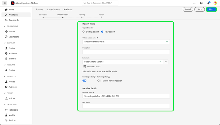 The "Dataflow Details" screen highlighting "Dataset details."