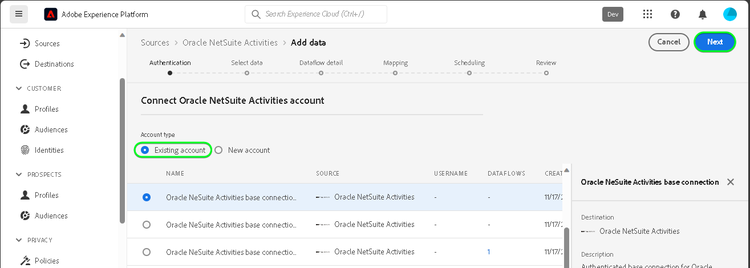 Platform UI screenshot to connect Oracle NetSuite Activities account with an existing account