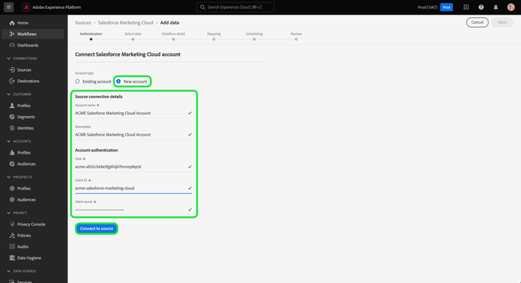 The new account interface where you can authenticate a new account for Salesforce Marketing Cloud.