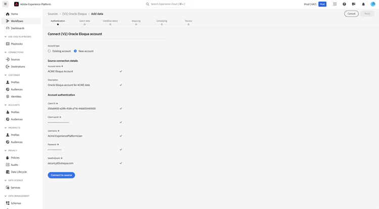 The New account interface with fields for source connection details and authentication credentials.