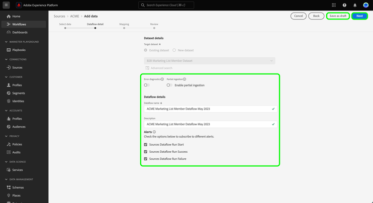 The dataflow detail step for a draft dataflow.