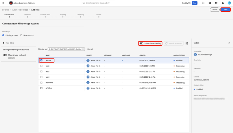 An existing account is selected and interactive authoring is enabled.