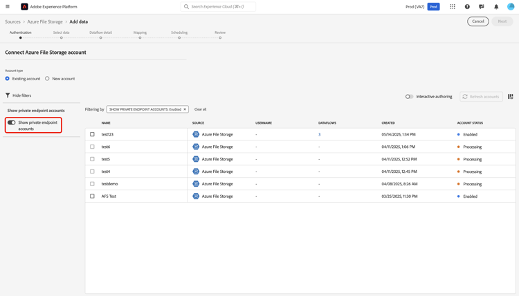The existing account interface in the sources workflow displays only the filtered accounts that are enabled for private endpoint connections.