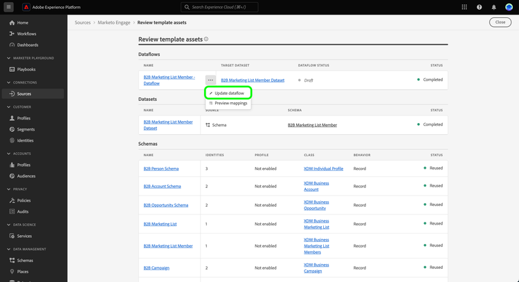 A dropdown window with the update dataflows option selected.