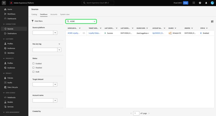 A search query for an ACME dataflow