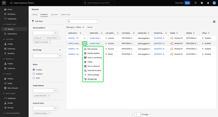 The selection of inline actions you can choose from for a given dataflow.