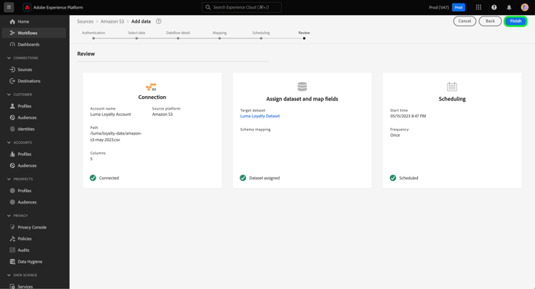 The review step of the sources workflow.