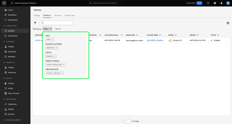 A dropdown window displaying all applied filters.