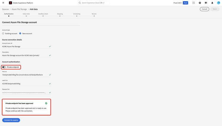 The new account authentication step with private endpoints enabled.