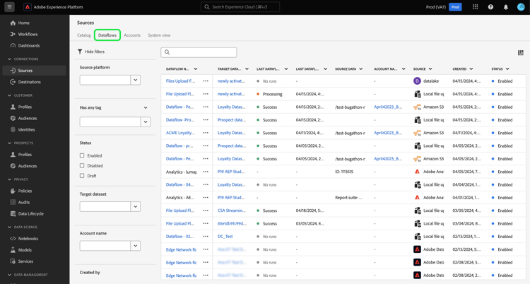 The dataflows page in the sources workspace