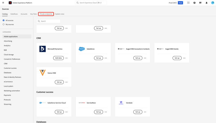 The sources catalog with "Private endpoints".